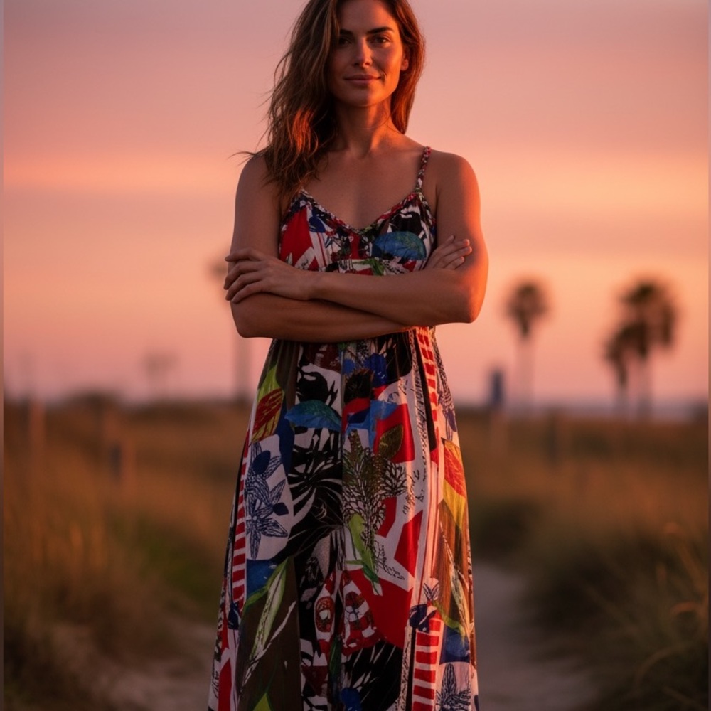 S-Twelve Hawaiian Maxi Dress Tropical Resort Floral Batik Print Flowing NWT